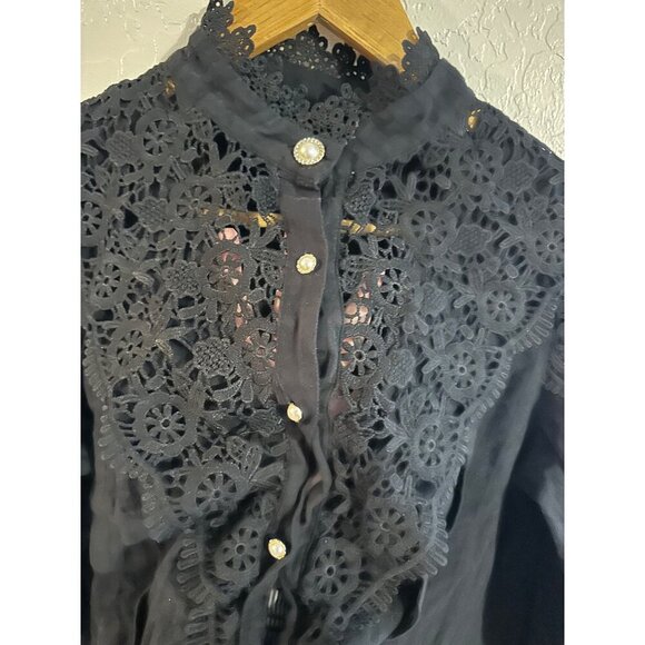 Y Black Cotton Goth Alt Wednesday Addams Style Victorian Lace Collared Blouse - Picture 9 of 12